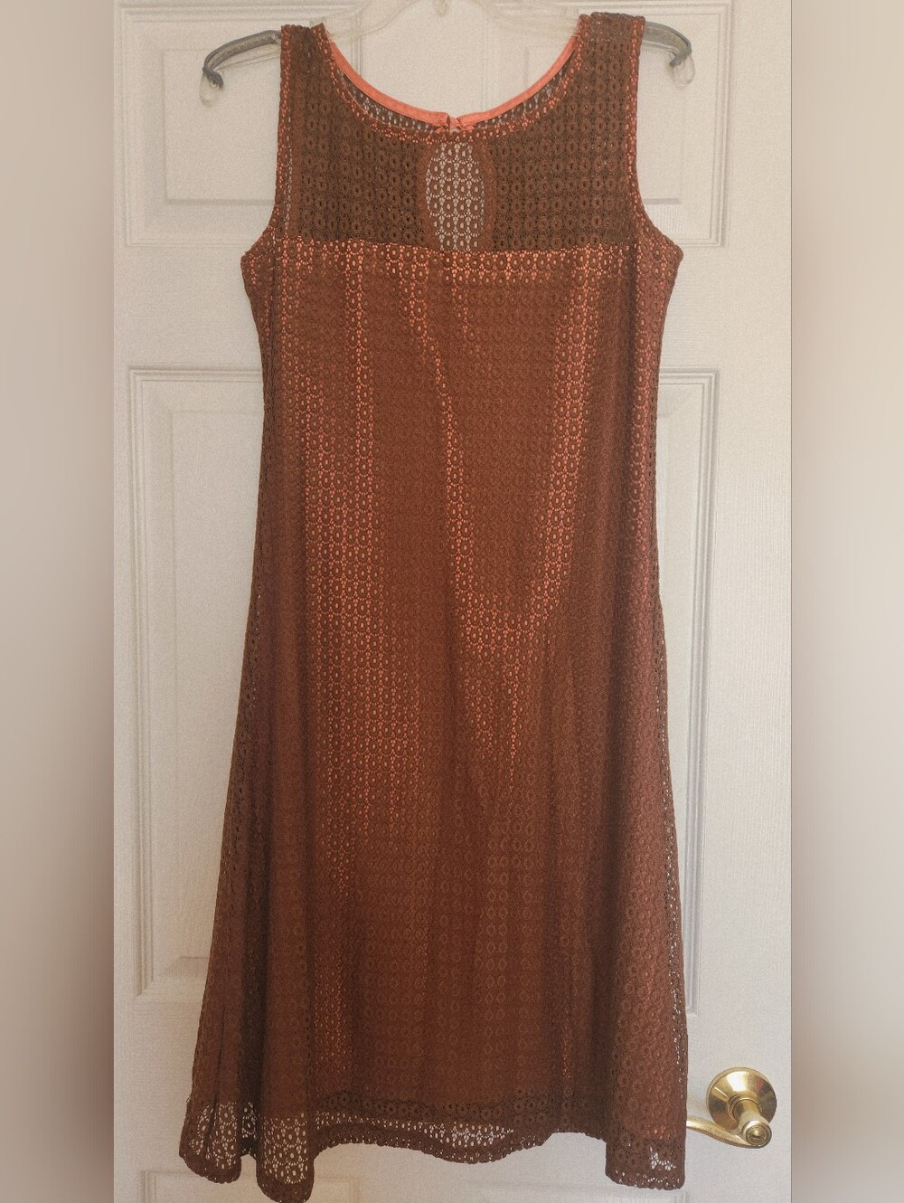 New Brown Lace A line Dress. Knee lenght. Orange Lining.